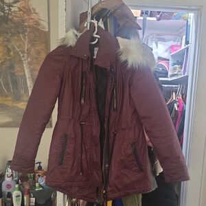 American Rag Maroon Puffer Jacket with Faux Fur